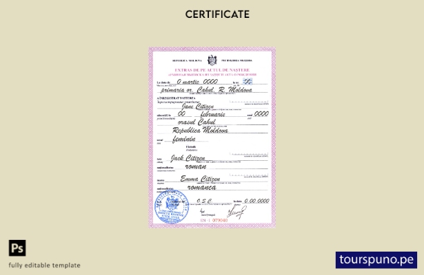 Plantilla de certificado de nacimiento de Moldavia lista para imprimir en format